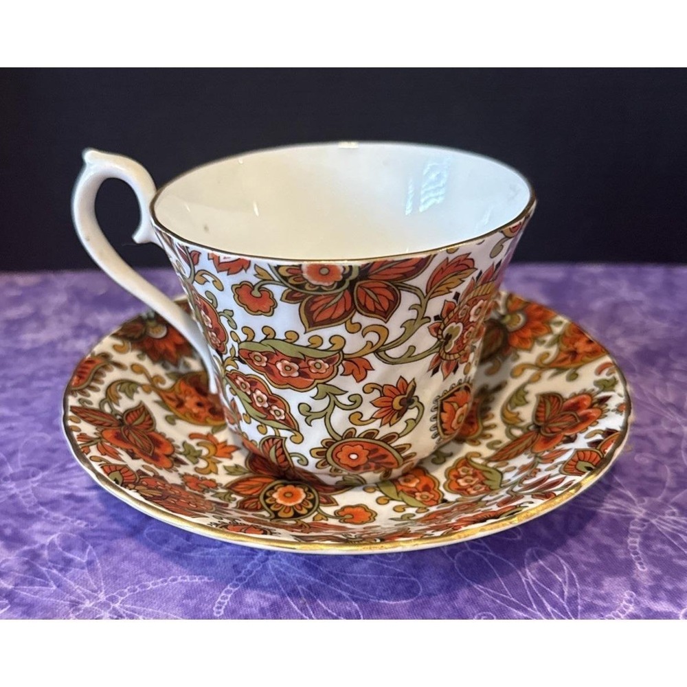 Royal Coach Teacup Saucer Orange Paisley Bone China Staffordshire England‎ VTG